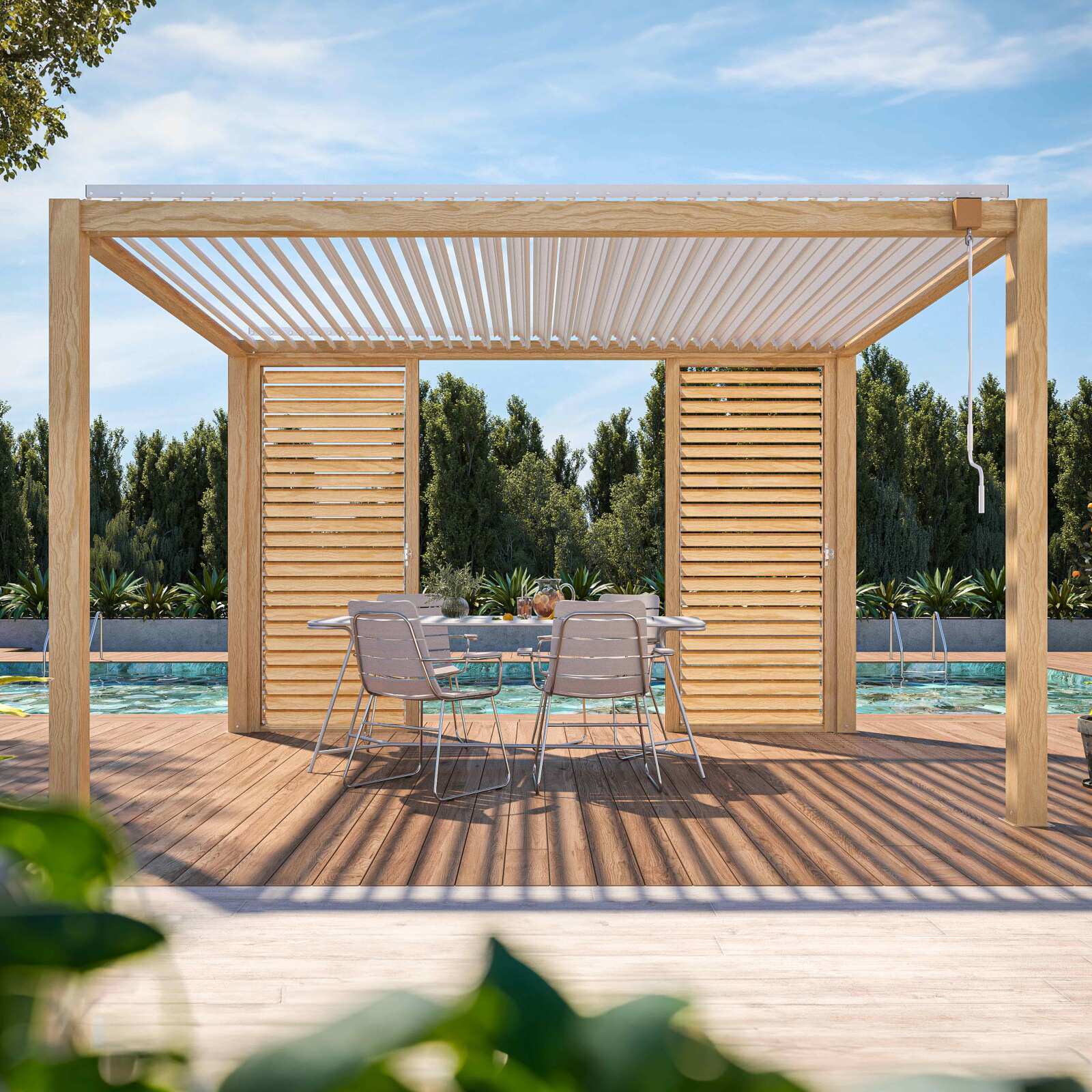 Selbsttragende bioklimatische Pergola 3 x 4 m aus weißem Aluminium mit Holzdekor mit 1, 2 oder 3 Schirmen