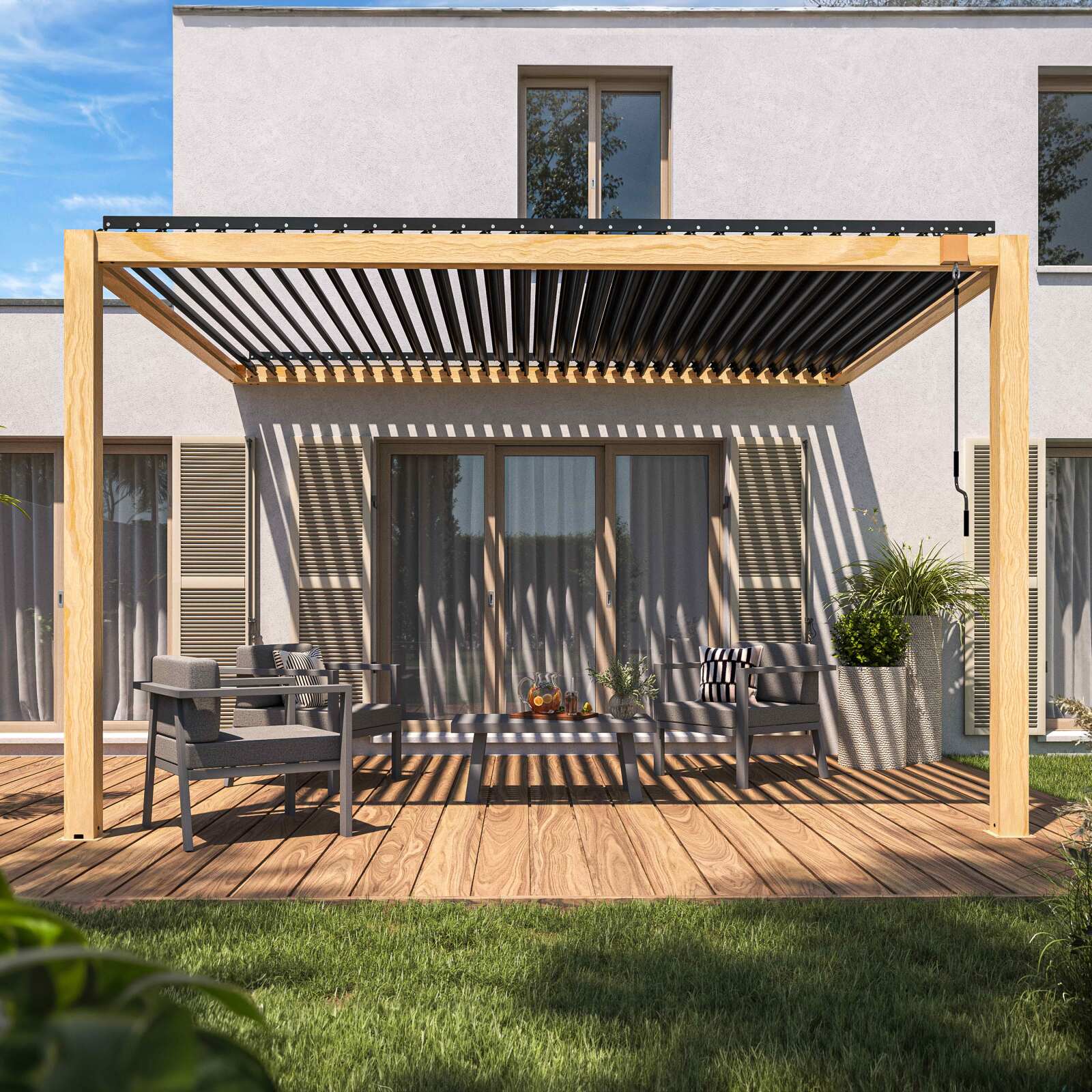 Angebaute bioklimatische Pergola 3 x 4 m aus Aluminium mit Holzdekor
