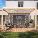 Angebaute bioklimatische Pergola 3 x 4 m aus weißem Aluminium mit Holzdekor