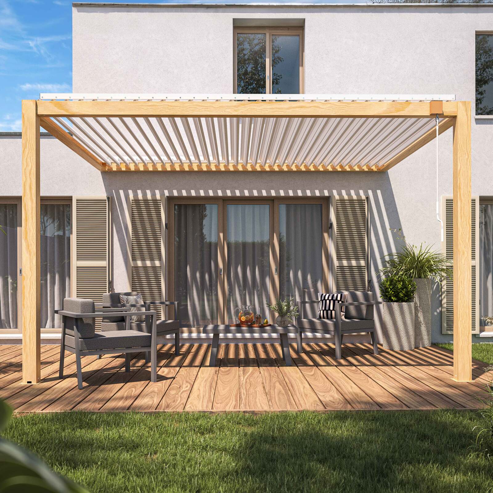 Angebaute bioklimatische Pergola 3 x 4 m aus weißem Aluminium mit Holzdekor