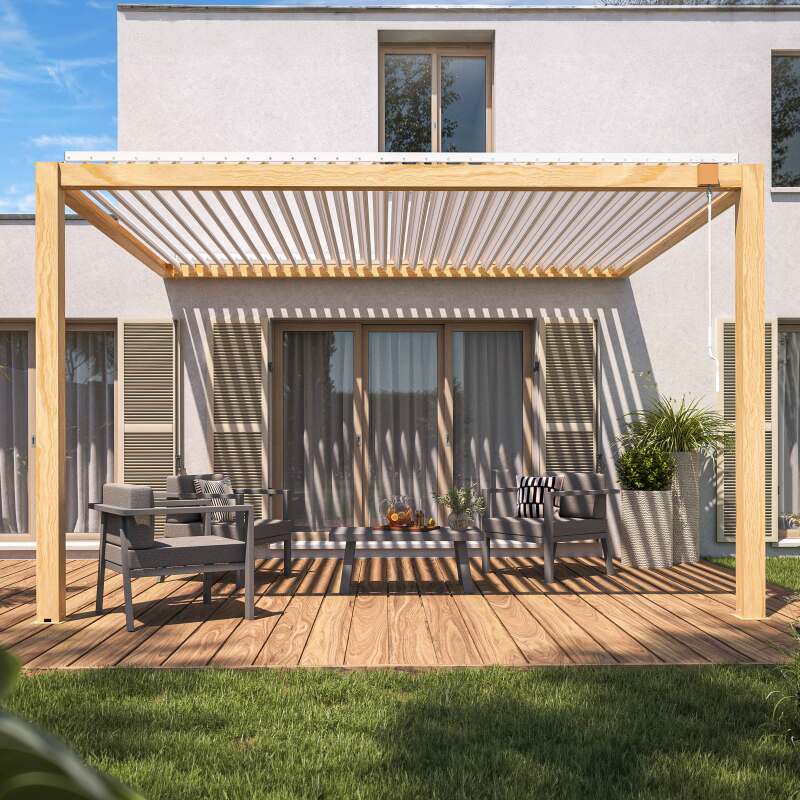 Angebaute bioklimatische Pergola 3 x 4 m aus weißem Aluminium mit Holzdekor