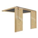 Angebaute bioklimatische Pergola 3 x 4 m aus Aluminium mit Holzdekor mit 1, 2 oder 3 Sichtschutzwänden