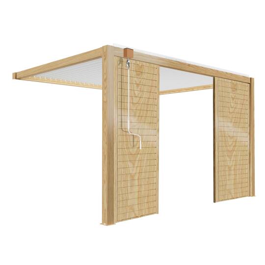 Angebaute bioklimatische Pergola 3 x 4 m aus weißem Aluminium mit Holzdekor mit 1, 2 oder 3 Sichtschutzwänden