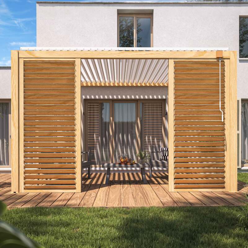Angebaute bioklimatische Pergola 3 x 4 m aus weißem Aluminium mit Holzdekor mit 1, 2 oder 3 Sichtschutzwänden (2/4)