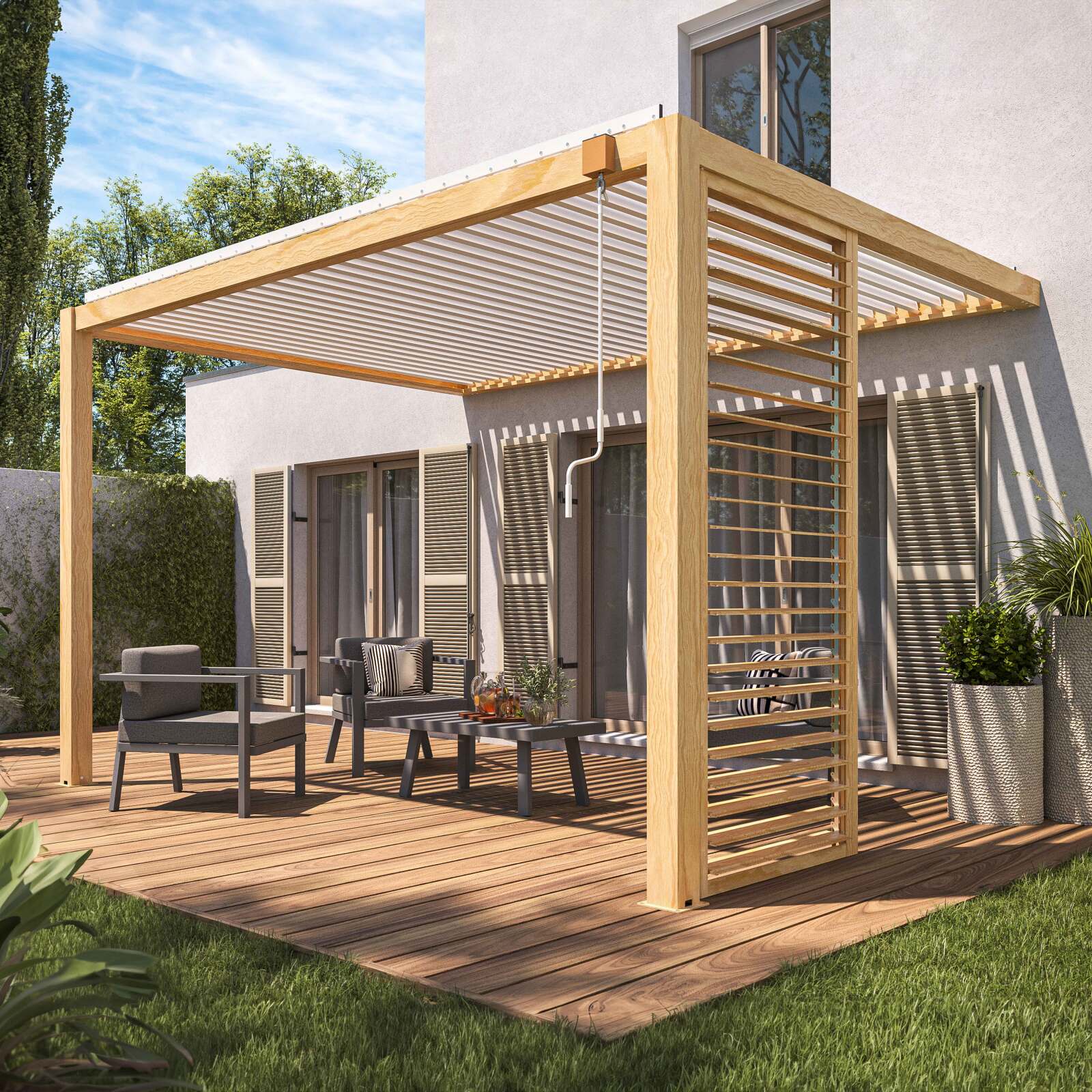 Angebaute bioklimatische Pergola 3 x 4 m aus weißem Aluminium mit Holzdekor mit 1, 2 oder 3 Sichtschutzwänden