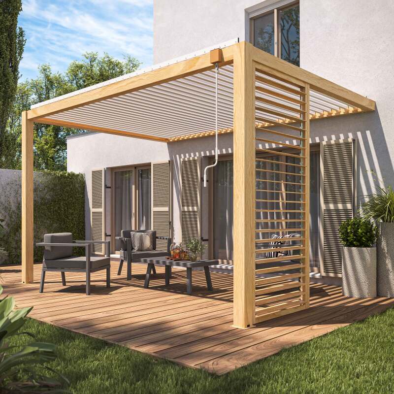 Angebaute bioklimatische Pergola 3 x 4 m aus weißem Aluminium mit Holzdekor mit 1, 2 oder 3 Sichtschutzwänden