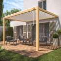 Angebaute bioklimatische Pergola 3 x 4 m in weißem Aluminium mit Holzdekor mit 1 Rollo