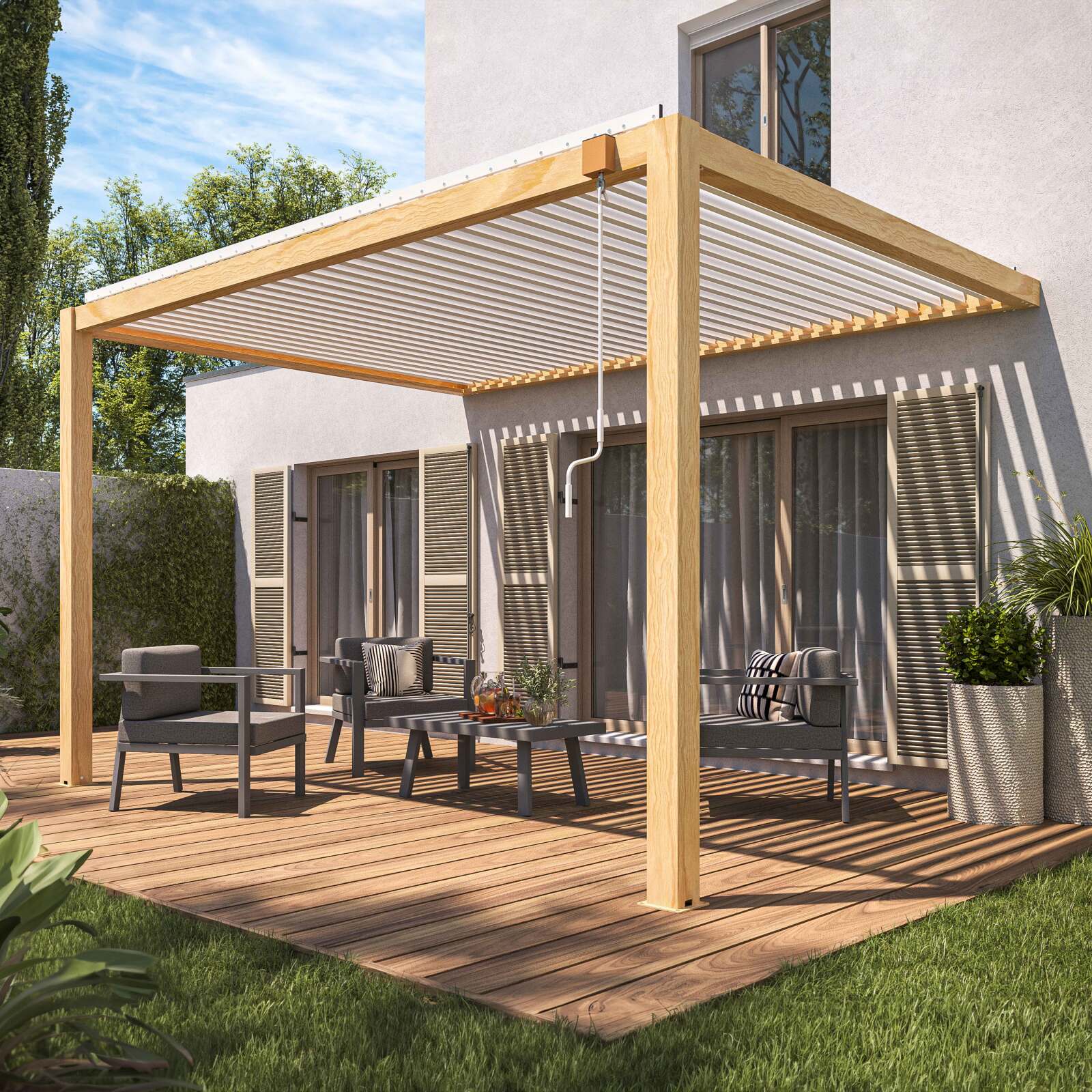 Angebaute bioklimatische Pergola 3 x 4 m in weißem Aluminium mit Holzdekor mit 1 Rollo