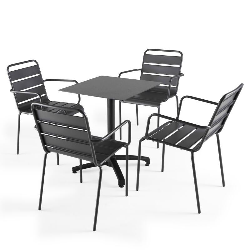 60 x 60 cm großer laminierter Liegetisch mit schwarzem Bein und Metallstühlen