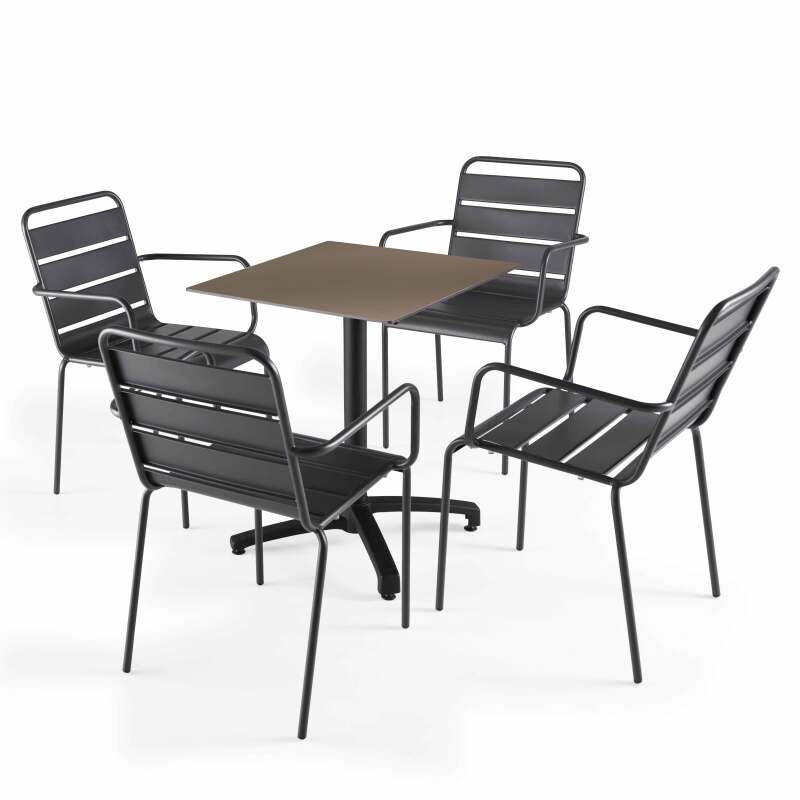 60 x 60 cm großer laminierter Liegetisch mit schwarzem Bein und Metallstühlen