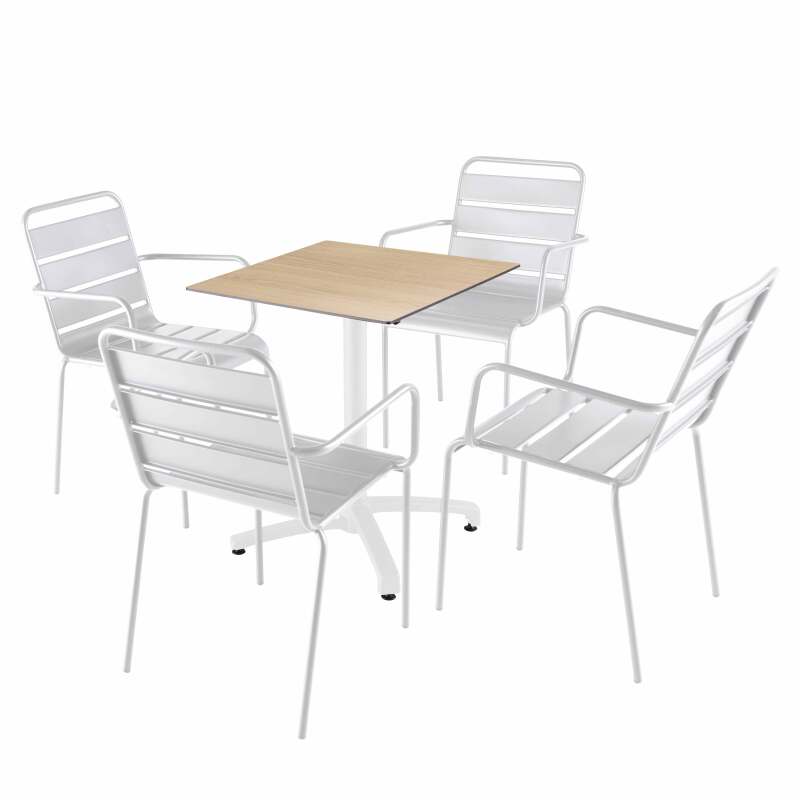 60 x 60 cm großer laminierter Liegetisch mit weißem Untergestell und Metallstühlen