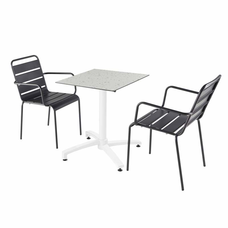60 x 60 cm großer laminierter Liegetisch mit weißem Untergestell und Metallstühlen