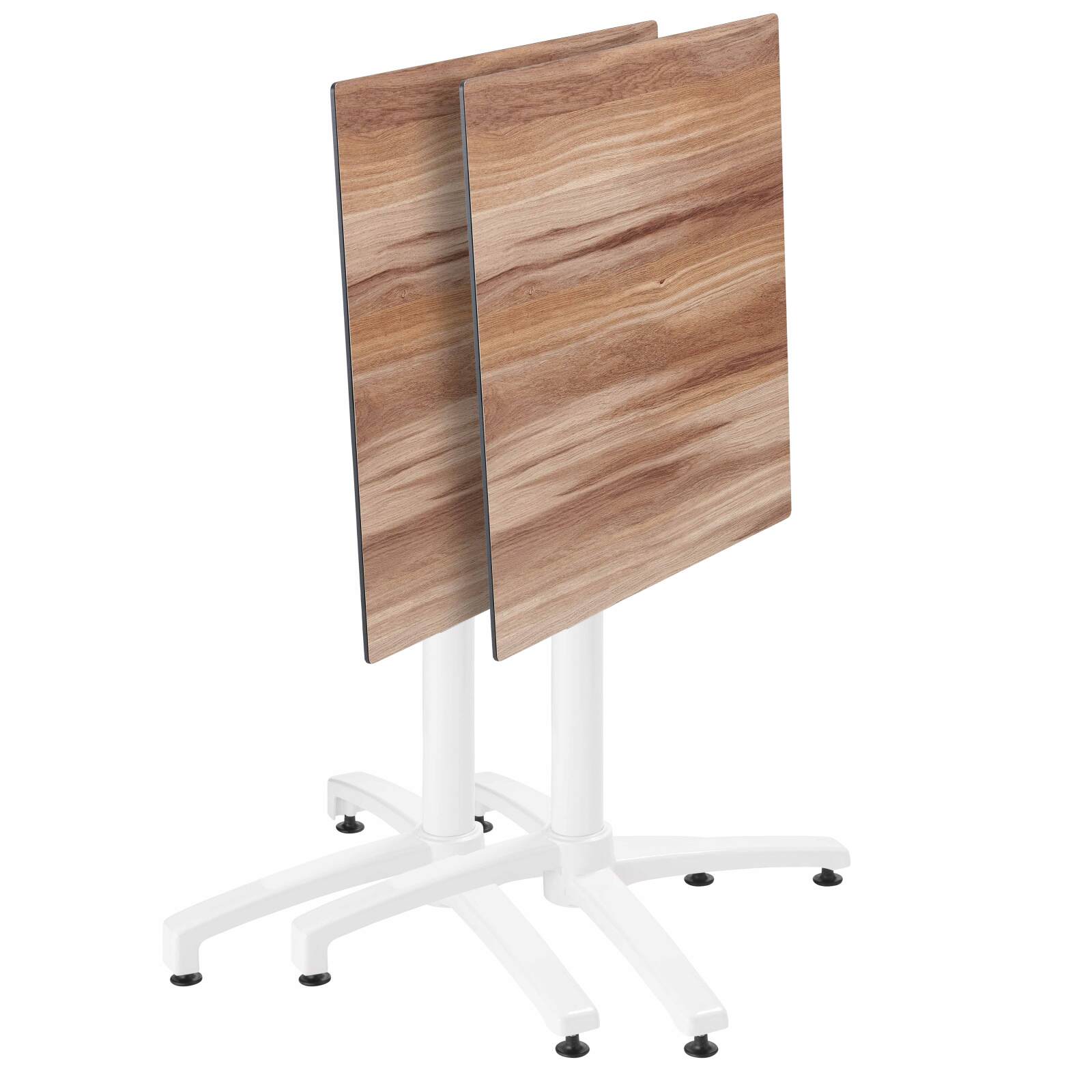 60 x 60 cm großer laminierter Liegetisch mit weißem Untergestell und Metallstühlen