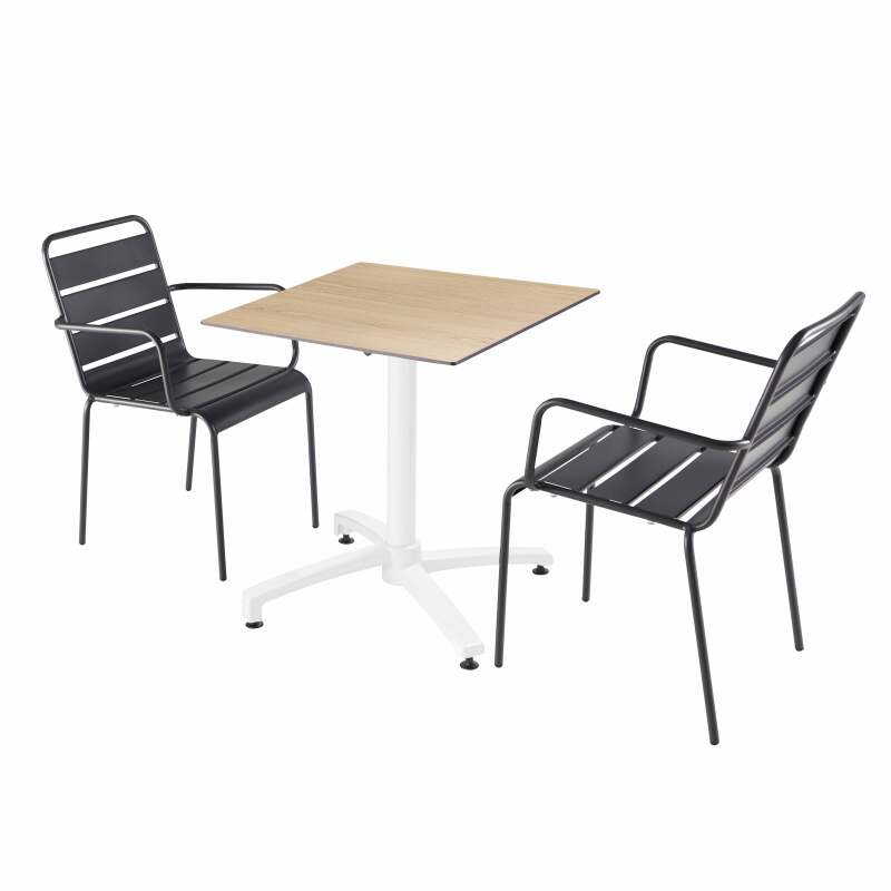 70 x 70 cm großer laminierter Liegetisch mit weißem Untergestell und Metallstühlen