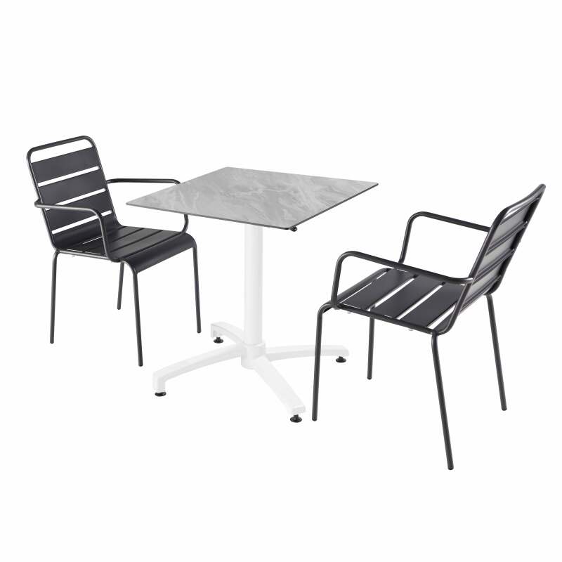 70 x 70 cm großer laminierter Liegetisch mit weißem Untergestell und Metallstühlen