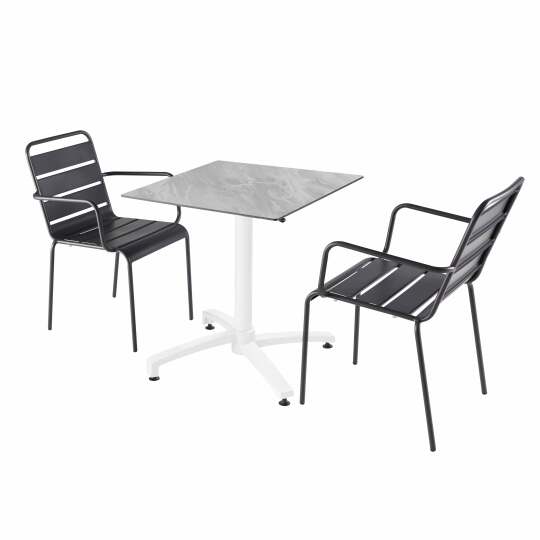 70 x 70 cm großer laminierter Liegetisch mit weißem Untergestell und Metallstühlen