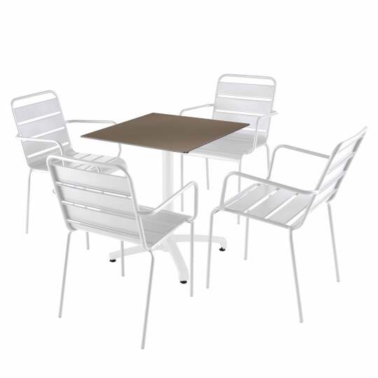 Gartentisch quadratisch, neigbar, aus Aluminium weiß und HPL, 70x70 cm, und 2 Stühle aus Metall | Oviala