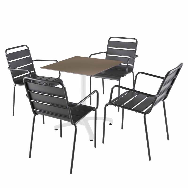 70 x 70 cm großer laminierter Liegetisch mit weißem Untergestell und Metallstühlen