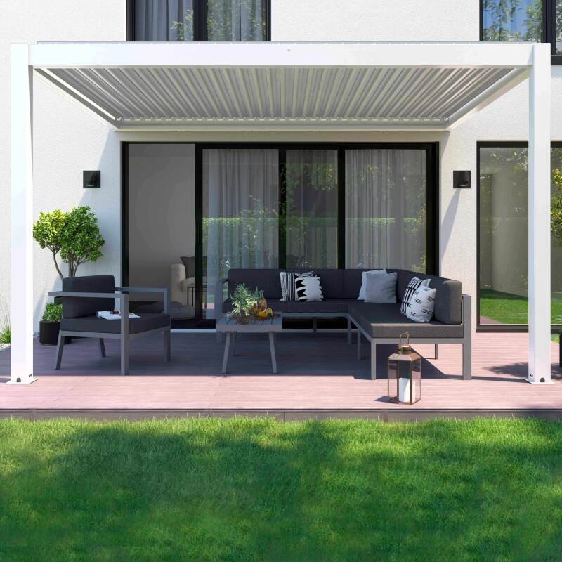 Motorisierte bioklimatische Pergola aus weißem Aluminium 3x4m mit LED-Beleuchtung