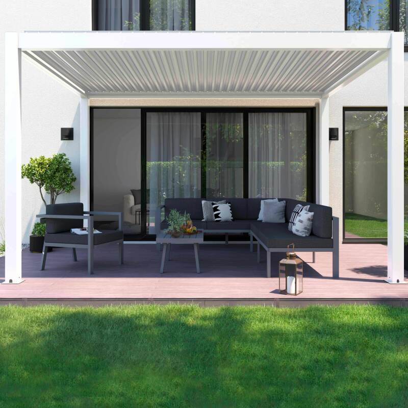 Motorisierte, selbsttragende bioklimatische Pergola aus weißem Aluminium, 3 x 4 m, mit LED-Beleuchtung