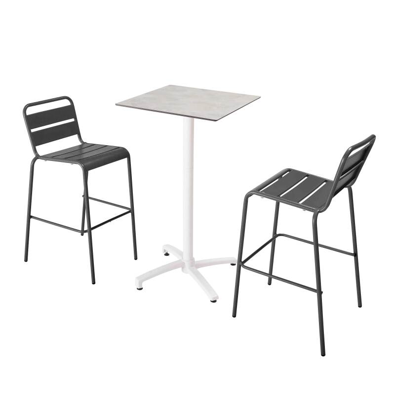 Hochtisch 60x60 cm, laminiert, mit weißem Untergestell und Metallstühlen