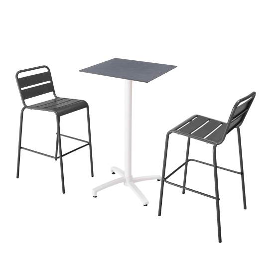 Hochtisch 60x60 cm, laminiert, mit weißem Untergestell und Metallstühlen