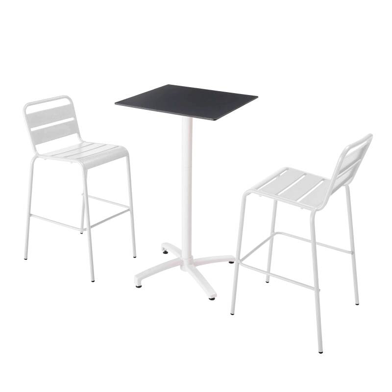 Hochtisch 60x60 cm, laminiert, mit weißem Untergestell und Metallstühlen
