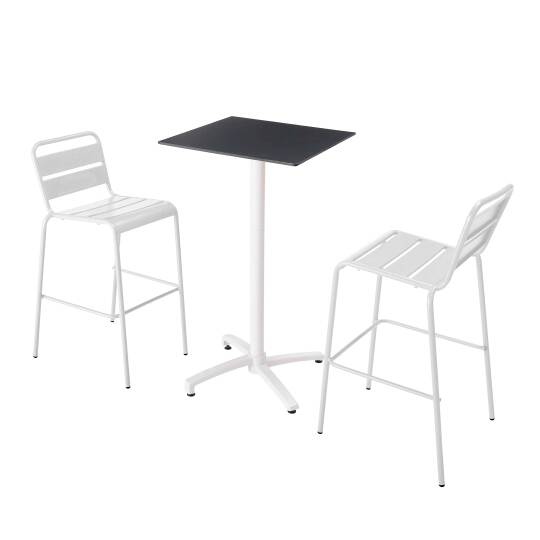 Garten-Hochtisch quadratisch, neigbar, aus Aluminium weiß und HPL, 60x60 cm, und 2 Hochstühle aus Metall | Oviala