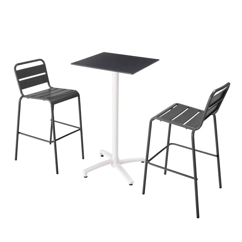 Hochtisch 60x60 cm, laminiert, mit weißem Untergestell und Metallstühlen