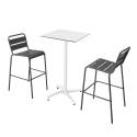 Hochtisch 60x60 cm, laminiert, mit weißem Untergestell und Metallstühlen