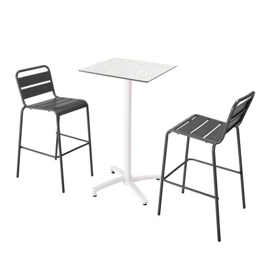 Hochtisch 60x60 cm, laminiert, mit weißem Untergestell und Metallstühlen