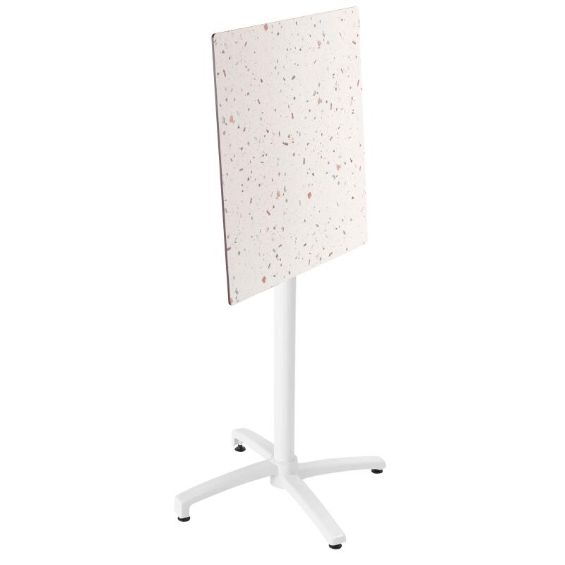 Hochtisch 60x60 cm, laminiert, mit weißem Untergestell und Metallstühlen