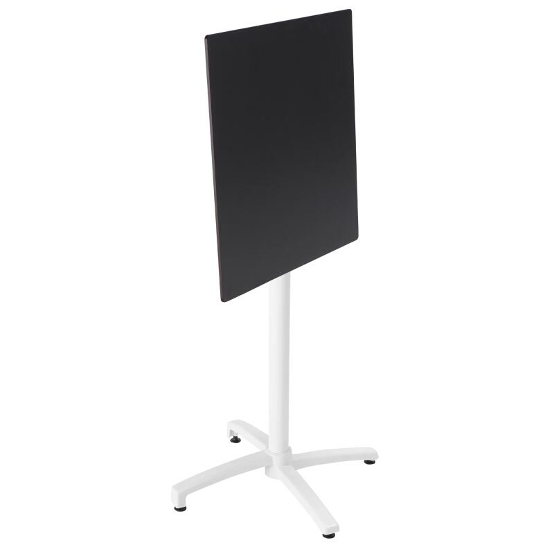 Hochtisch 60x60 cm, laminiert, mit weißem Untergestell und Metallstühlen