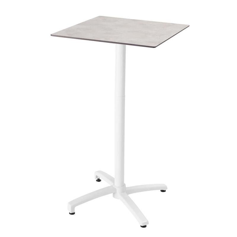 Hochtisch 60x60 cm, laminiert, mit weißem Untergestell und Metallstühlen