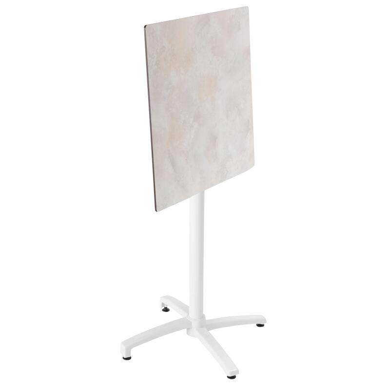 Hochtisch 60x60 cm, laminiert, mit weißem Untergestell und Metallstühlen