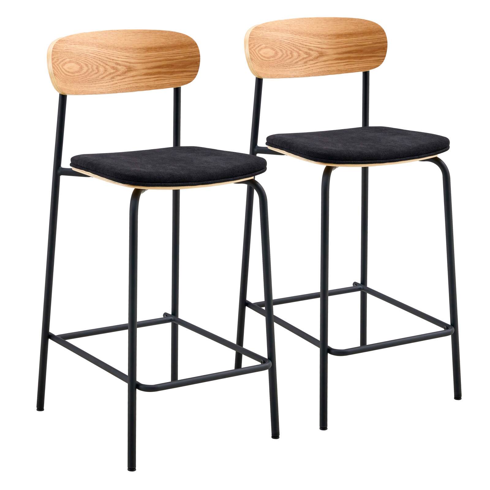 Set mit 2 Hochstühlen aus Metall, Holz und Stoff