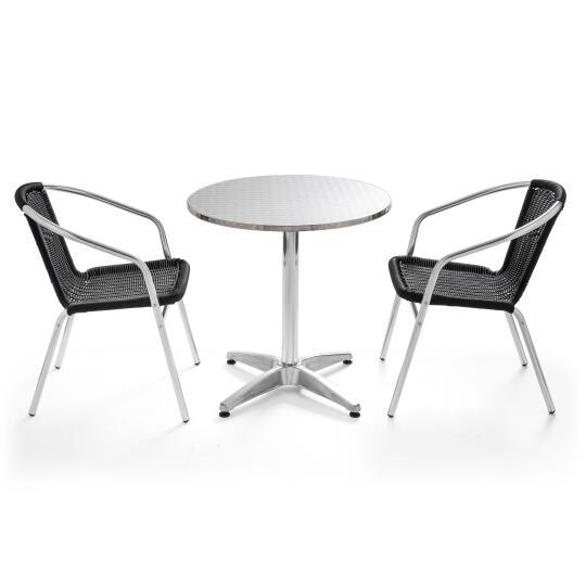 Runder Garten-Tisch mit einem Durchmesser von 70 cm aus Aluminium und 2 Stühlen mit Armlehnen