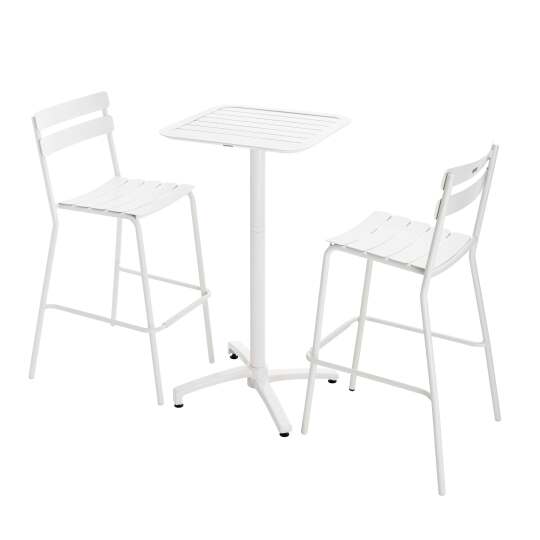 Garten-Hochtisch im Bistro-Stil, quadratisch, neigbar, aus Aluminium, 60x60 cm, und 2 Hochstühle | Oviala