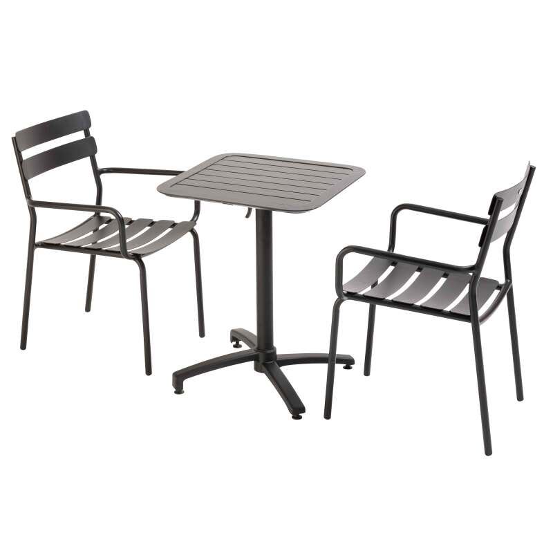 60 x 60 cm großer, verstellbarer Aluminium-Terrassentisch und 2 Stühle mit Armlehnen