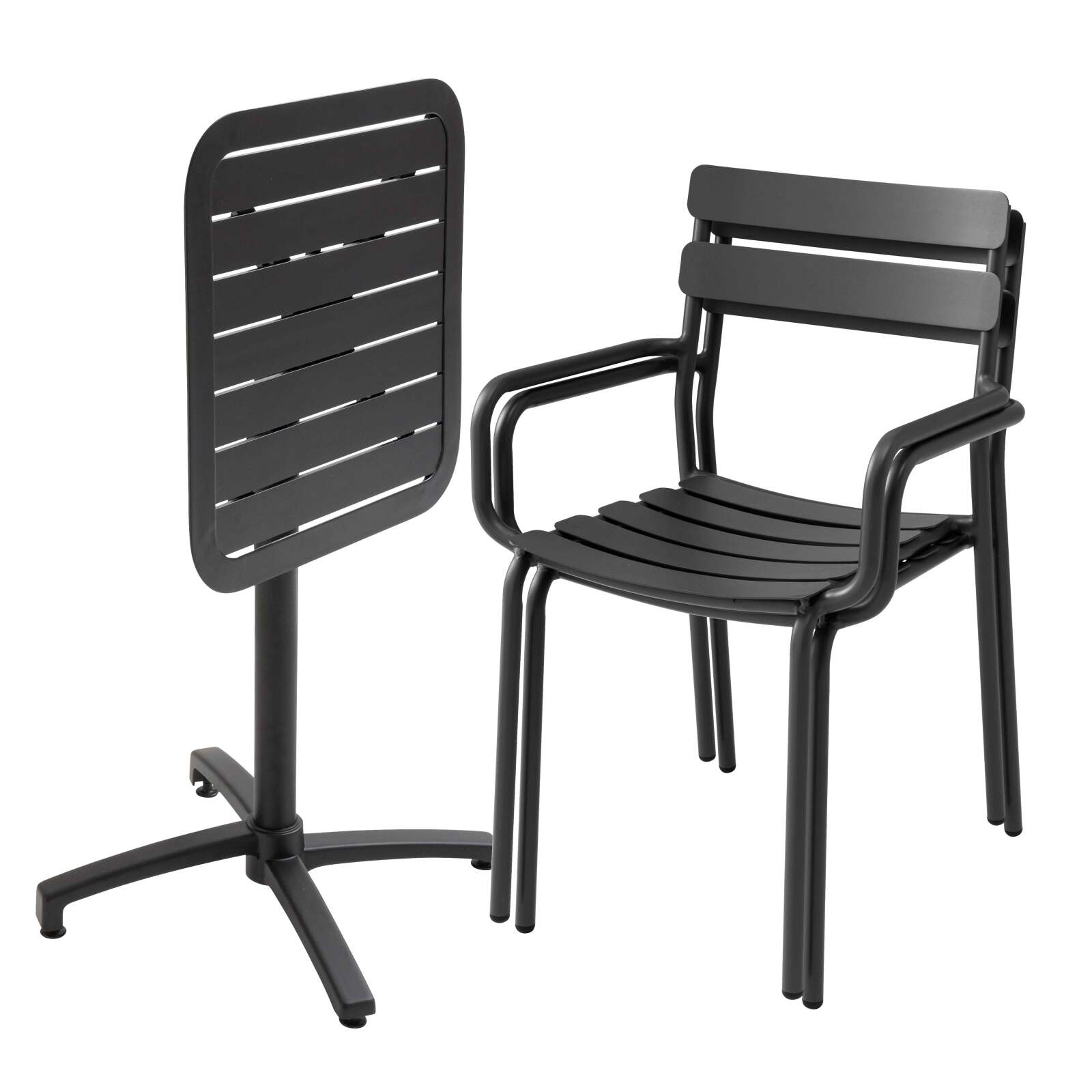 60 x 60 cm großer, verstellbarer Aluminium-Terrassentisch und 2 Stühle mit Armlehnen