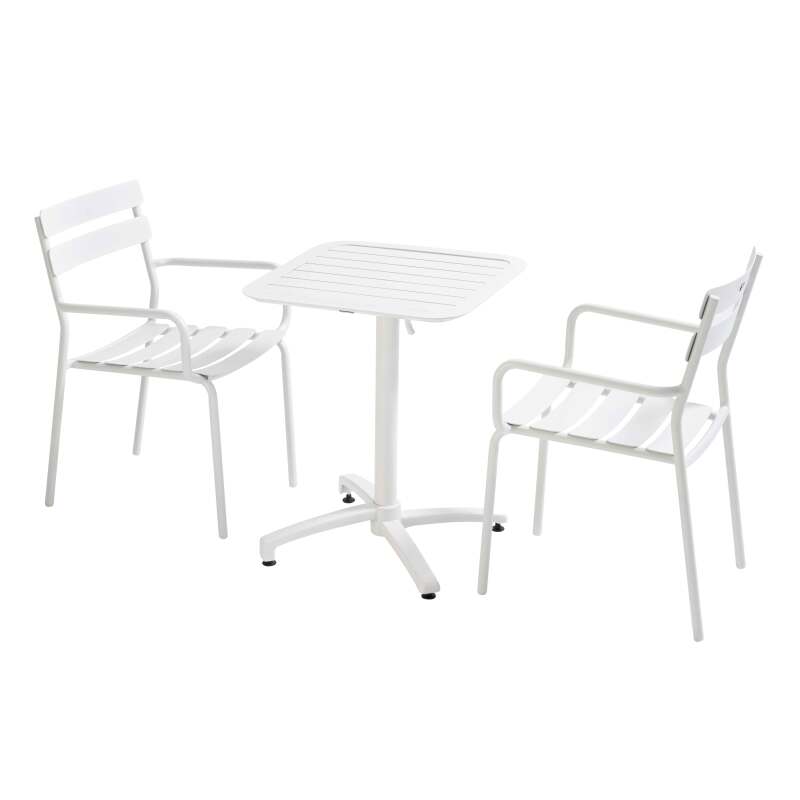 60 x 60 cm großer, verstellbarer Aluminium-Terrassentisch und 2 Stühle mit Armlehnen