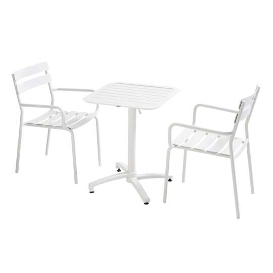 Gartentisch im Bistro-Stil, quadratisch, neigbar, aus Aluminium, 60x60 cm, und 2 Stühle mit Armlehnen | Oviala