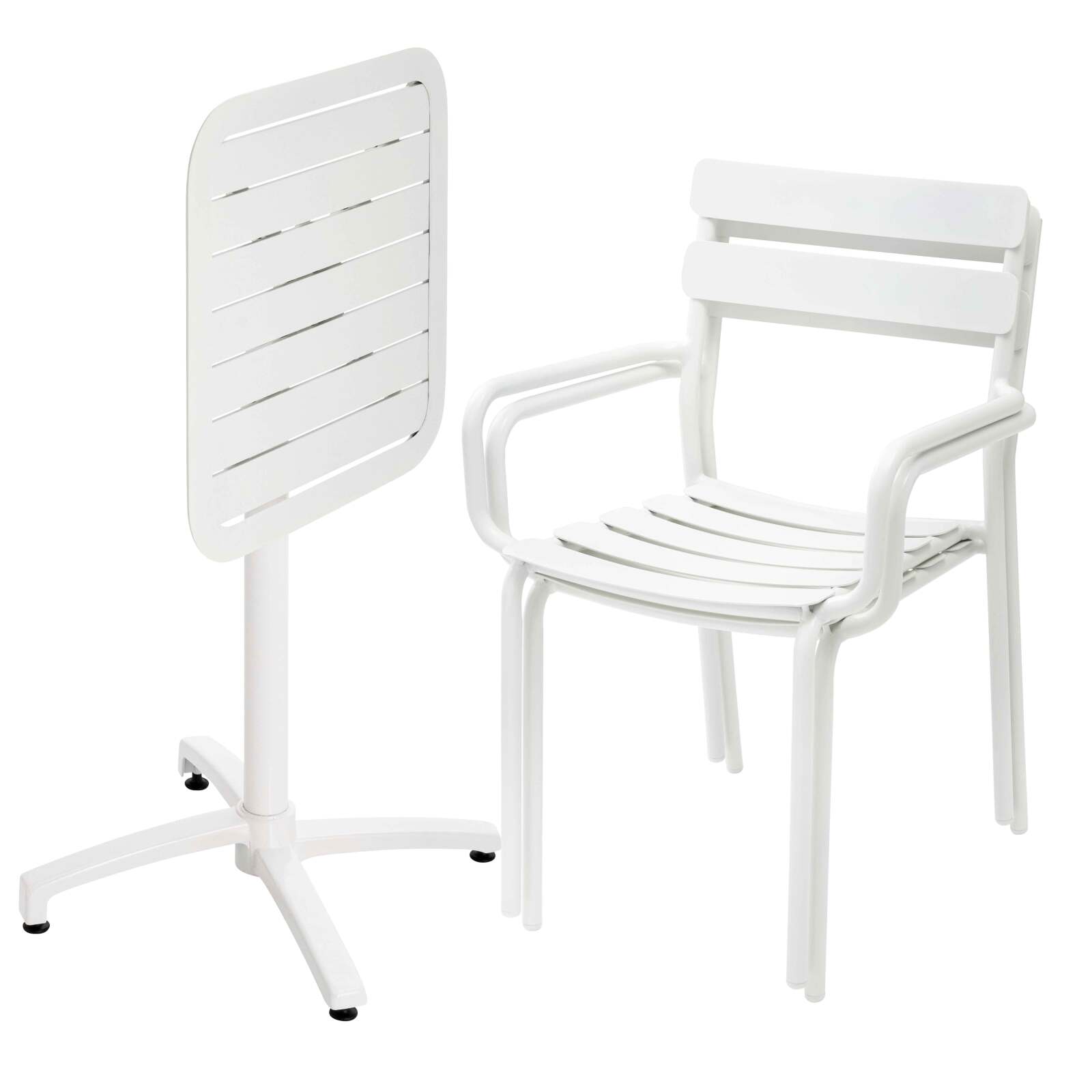 60 x 60 cm großer, verstellbarer Aluminium-Terrassentisch und 2 Stühle mit Armlehnen