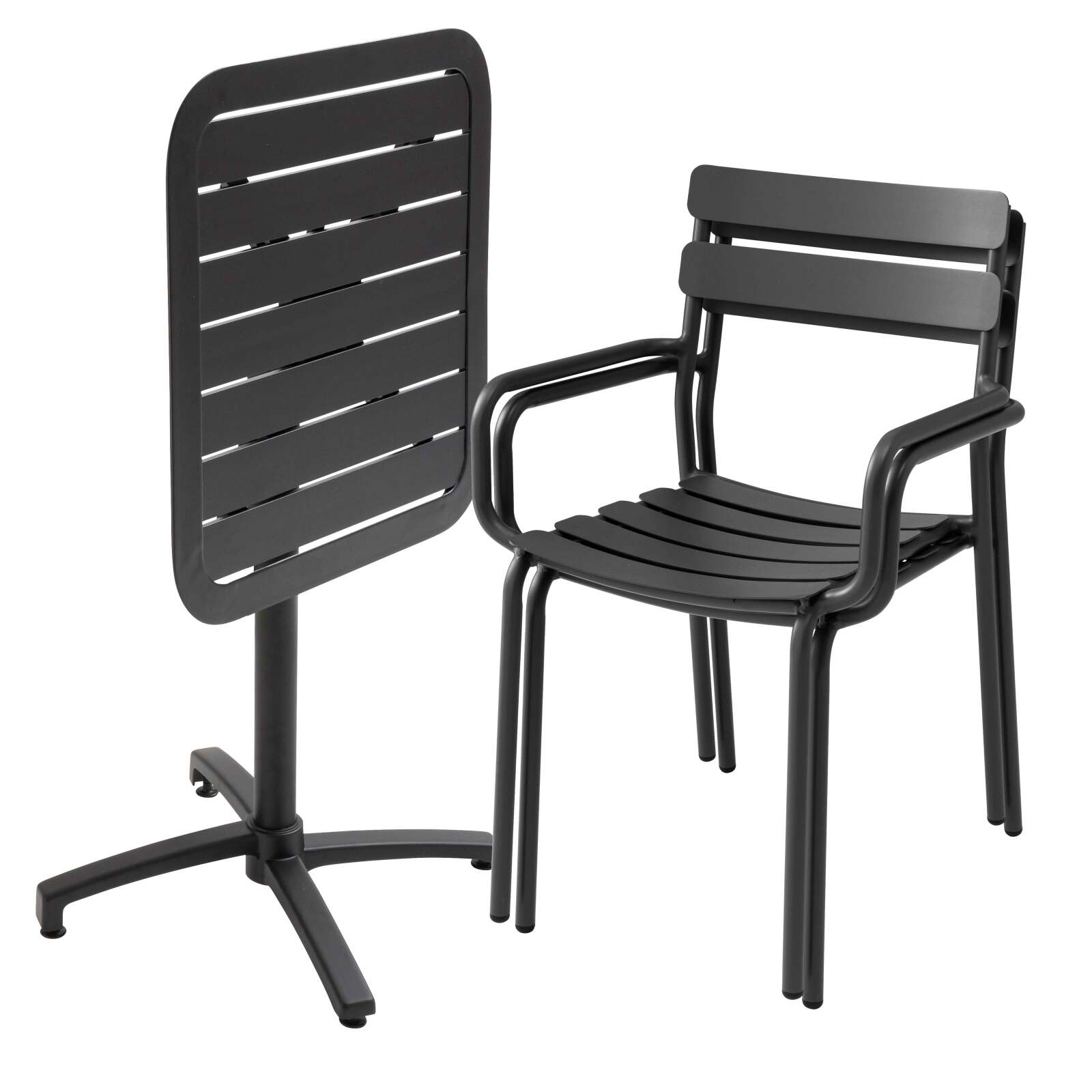 70 x 70 cm großer, verstellbarer Aluminium-Terrassentisch und 2 Stühle mit Armlehnen