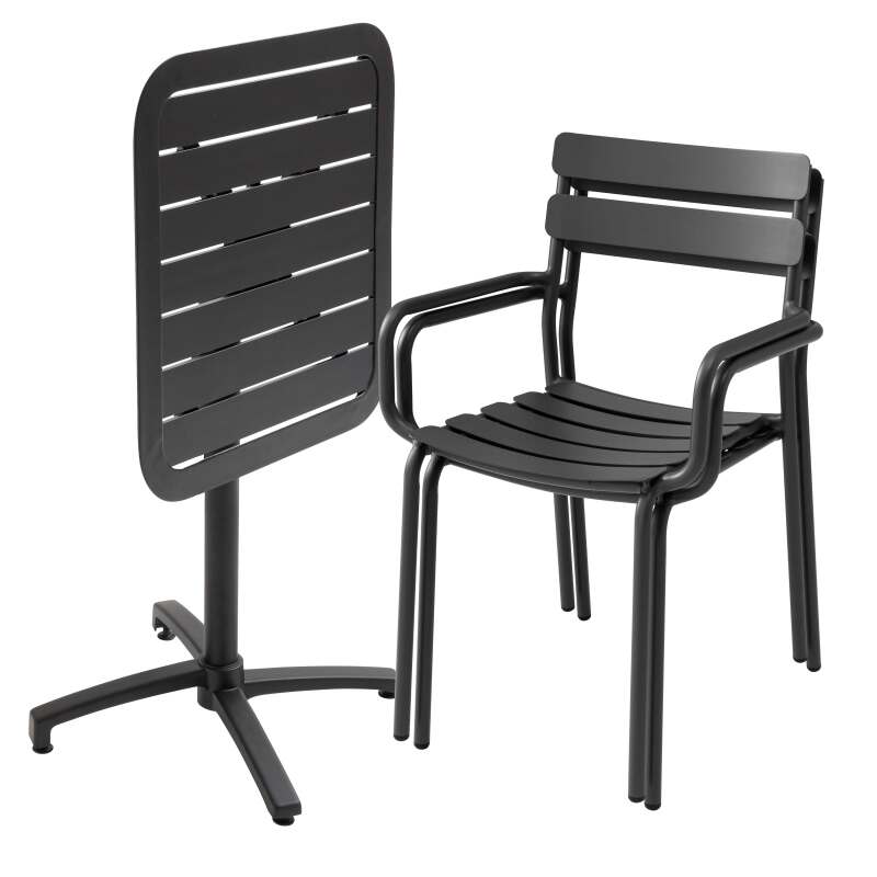 70 x 70 cm großer, verstellbarer Aluminium-Terrassentisch und 2 Stühle mit Armlehnen