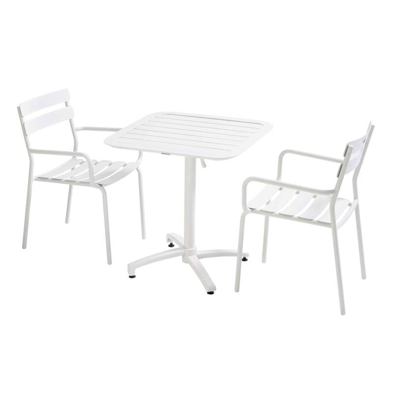 70 x 70 cm großer, verstellbarer Aluminium-Terrassentisch und 2 Stühle mit Armlehnen