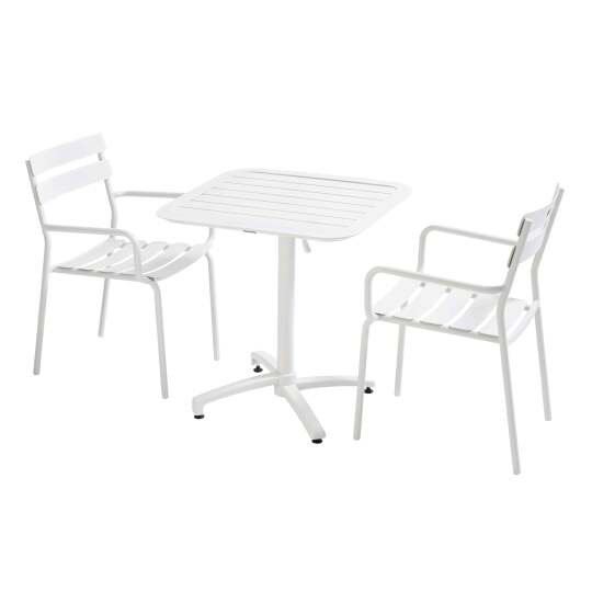 Gartentisch im Bistro-Stil, quadratisch, neigbar, aus Aluminium, 70x70 cm, und 2 Stühle mit Armlehnen | Oviala