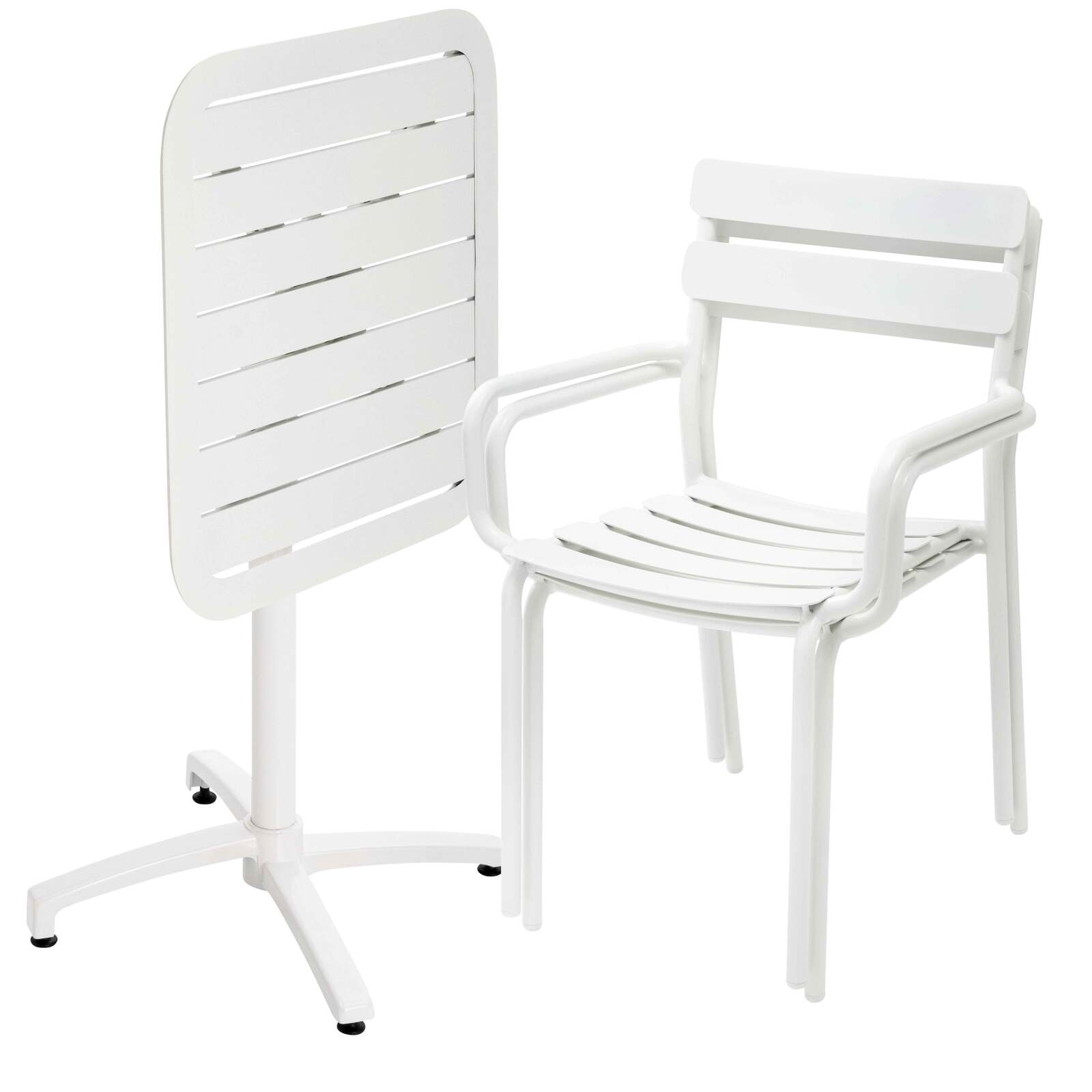 70 x 70 cm großer, verstellbarer Aluminium-Terrassentisch und 2 Stühle mit Armlehnen