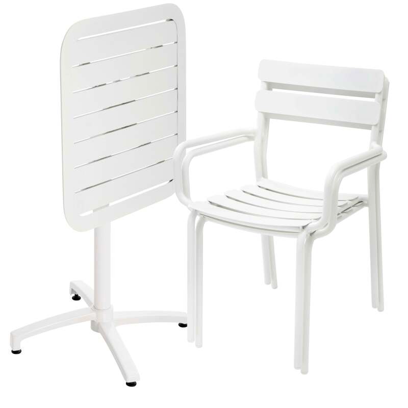 70 x 70 cm großer, verstellbarer Aluminium-Terrassentisch und 2 Stühle mit Armlehnen