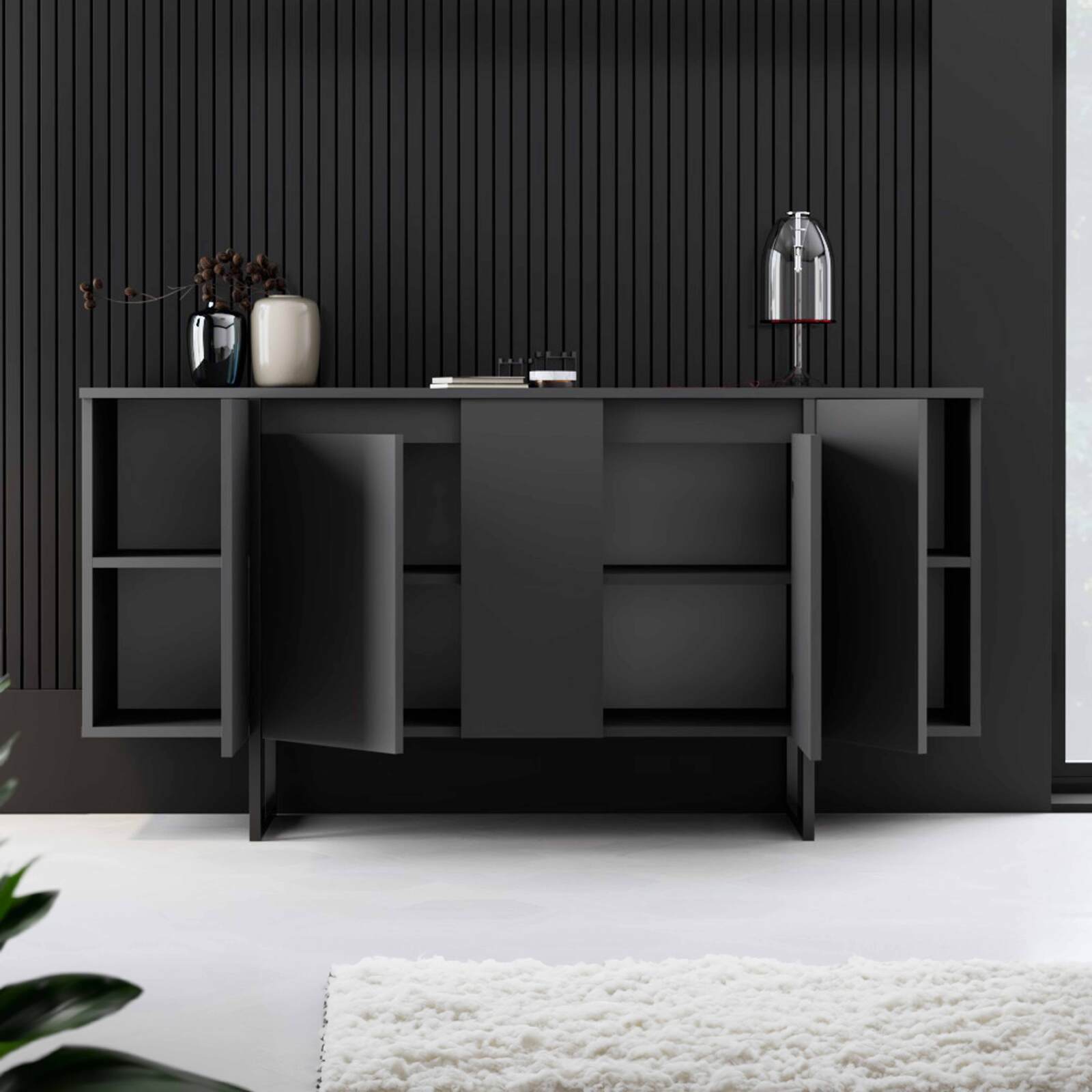 4-türiges Büfett aus Metall und grauem Melamin